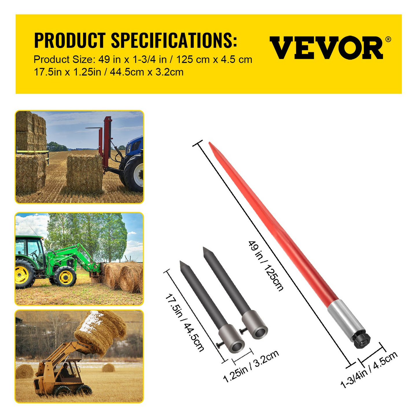 VEVOR Hay Spear 49" Bale Spear 3000 lbs Capacity, Bale Spike Quick Attach Square Hay Bale Spears 1 3/4" Wide, Red Coated Bale Forks, Bale Hay Spike with Hex Nut & Sleeve with 2 Stabilizer Spears