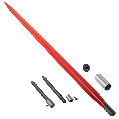 VEVOR Hay Spear 49" Bale Spear 3000 lbs Capacity, Bale Spike Quick Attach Square Hay Bale Spears 1 3/4" Wide, Red Coated Bale Forks, Bale Hay Spike with Hex Nut & Sleeve with 2 Stabilizer Spears