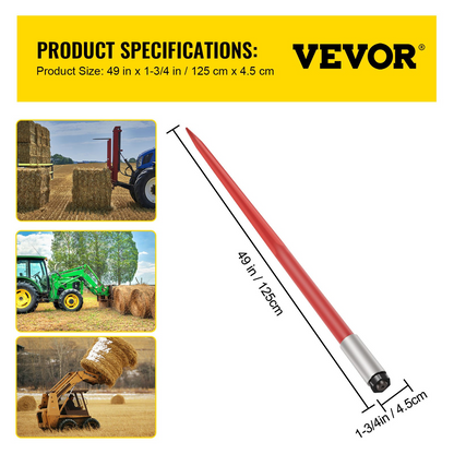 VEVOR Hay Spear 49" Bale Spear 4500 lbs Capacity, Bale Spike Quick Attach Square Hay Bale Spears 1 3/4" wide, Red Coated Bale Forks, Bale Hay Spike with Hex Nut & Sleeve for Buckets Tractors Loaders