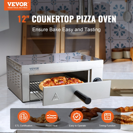 VEVOR Electric Countertop Pizza Oven 12-inch, 1500W Commercial Pizza Oven with 0-60 Minutes Timer, Stainless Steel Pizza Maker with Removable Crumb Tray for Commercial and Home Use, ETL Certified