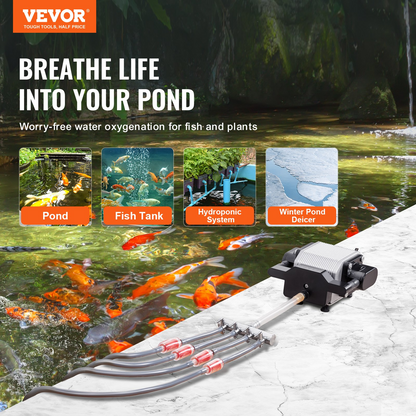 VEVOR Pond Aeration Kit, 4 Outlets Pond Aerator for up to 2000 Gallons, 10 W All-in-One Pond Air Pump Kit with Air Stones, Check Valves, Airline Tubing for Pond, Fish Tank, Aquarium, Hydroponic