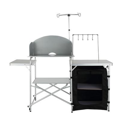 VEVOR Camping Kitchen Table, Folding Outdoor Cooking Table with Storage Carrying Bag, Aluminum Cook Station 1 Cupboard & Detachable Windscreen, Quick Set-up for Picnics, BBQ, RV Traveling, Black