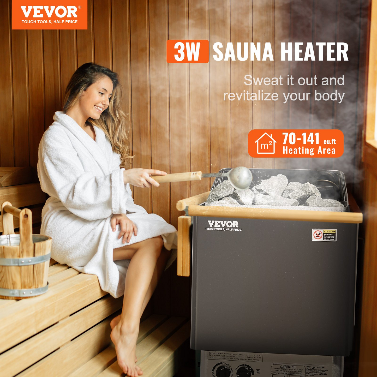 VEVOR Sauna Heater, 3KW 220V Electric Sauna Stove, Steam Bath Sauna Heater with Built-In Controls, 3h Timer and Adjustable Temp for Max. 70-141 Cubic Feet, Home Hotel Spa Shower Use