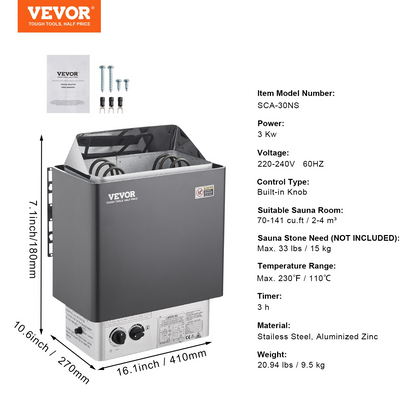 VEVOR Sauna Heater, 3KW 220V Electric Sauna Stove, Steam Bath Sauna Heater with Built-In Controls, 3h Timer and Adjustable Temp for Max. 70-141 Cubic Feet, Home Hotel Spa Shower Use