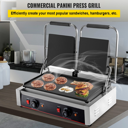 VEVOR Commercial Sandwich Panini Press Grill, 2X1800W Double Flat Plates Electric Stainless Steel Sandwich Maker, Temperature Control 122°F-572°F Non Stick Surface for Hamburgers Steaks Bacons.