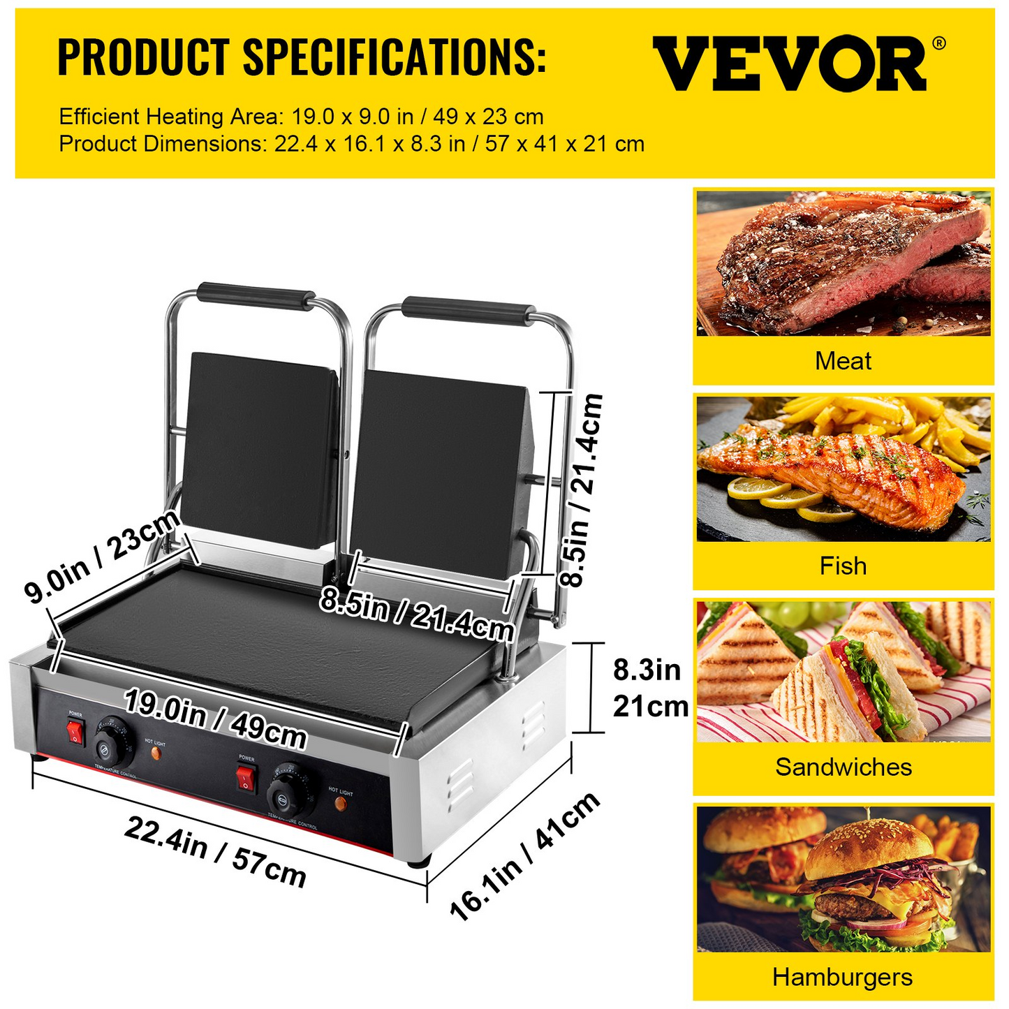 VEVOR Commercial Sandwich Panini Press Grill, 2X1800W Double Flat Plates Electric Stainless Steel Sandwich Maker, Temperature Control 122°F-572°F Non Stick Surface for Hamburgers Steaks Bacons.