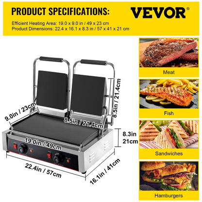 VEVOR Commercial Sandwich Panini Press Grill, 2X1800W Double Flat Plates Electric Stainless Steel Sandwich Maker, Temperature Control 122°F-572°F Non Stick Surface for Hamburgers Steaks Bacons.