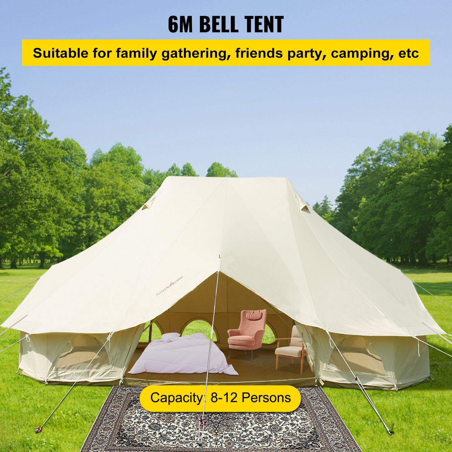 VEVOR 6m Bell Tent 19.7x13.1x9.8 ft Yurt Beige Canvas Tent Cotton Glamping Tents 8-12 Person 4 Season Teepee Tent Portable for Adults Luxury Safari Tent for Family Outdoor Camping Lightweight