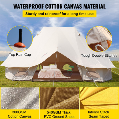 VEVOR 6m Bell Tent 19.7x13.1x9.8 ft Yurt Beige Canvas Tent Cotton Glamping Tents 8-12 Person 4 Season Teepee Tent Portable for Adults Luxury Safari Tent for Family Outdoor Camping Lightweight