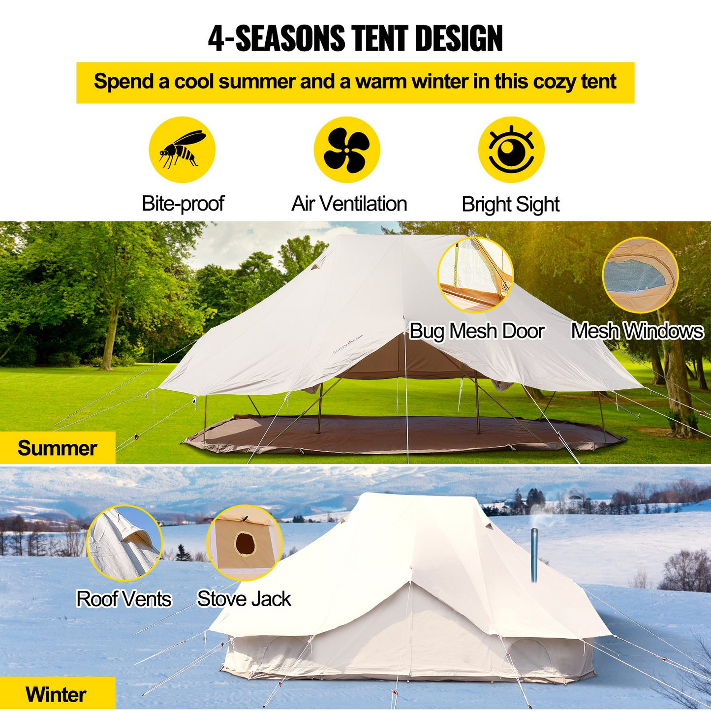 VEVOR 6m Bell Tent 19.7x13.1x9.8 ft Yurt Beige Canvas Tent Cotton Glamping Tents 8-12 Person 4 Season Teepee Tent Portable for Adults Luxury Safari Tent for Family Outdoor Camping Lightweight