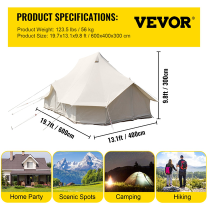 VEVOR 6m Bell Tent 19.7x13.1x9.8 ft Yurt Beige Canvas Tent Cotton Glamping Tents 8-12 Person 4 Season Teepee Tent Portable for Adults Luxury Safari Tent for Family Outdoor Camping Lightweight