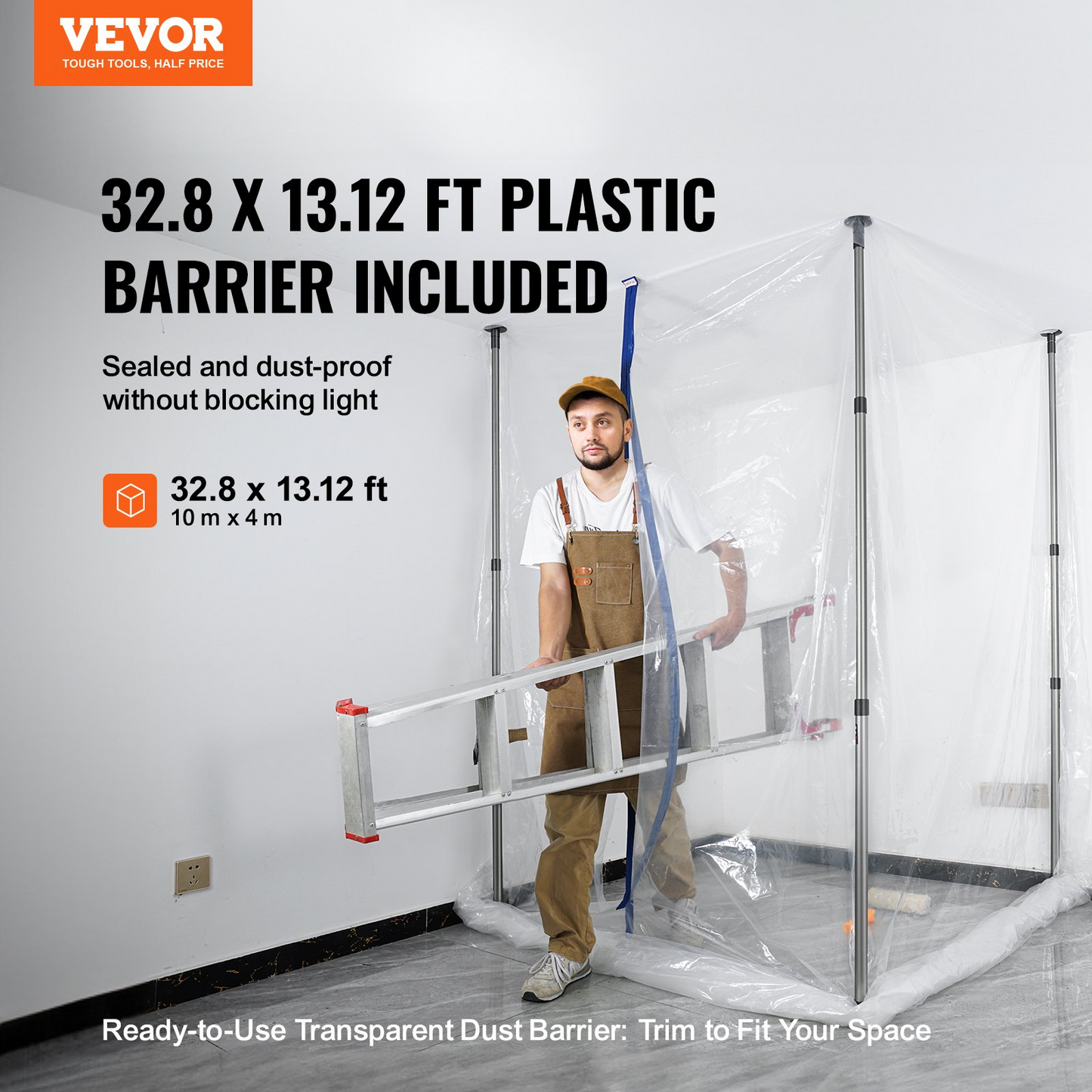 VEVOR Dust Barrier Poles, 10 Ft Barrier Poles, Dust Barrier System with 4 Telescoping Poles, Carry Bag and 32.8x13.12 Ft Plastic Film, for Interior Decoration, Painting