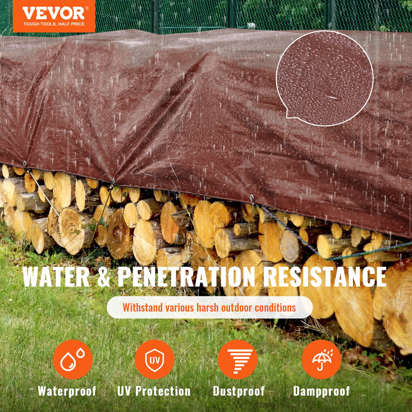 VEVOR Tarp Waterproof 10x12 ft, 16 Mil Extra Thick Plastic Poly Blue Tarp Cover, Multi Purpose Tear UV and Temperature Resistant Outdoor Tarpaulin with Reinforced Grommets (Brown)