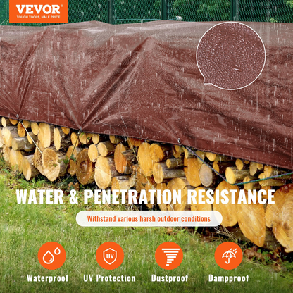 VEVOR Tarp Waterproof 10x12 ft, 16 Mil Extra Thick Plastic Poly Blue Tarp Cover, Multi Purpose Tear UV and Temperature Resistant Outdoor Tarpaulin with Reinforced Grommets (Brown)