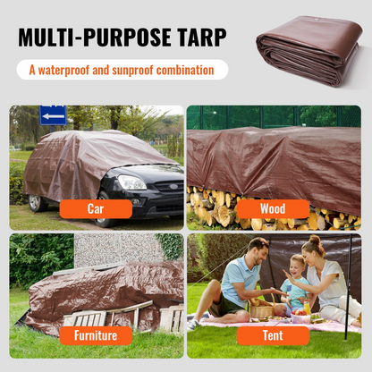 VEVOR Tarp Waterproof 10x12 ft, 16 Mil Extra Thick Plastic Poly Blue Tarp Cover, Multi Purpose Tear UV and Temperature Resistant Outdoor Tarpaulin with Reinforced Grommets (Brown)