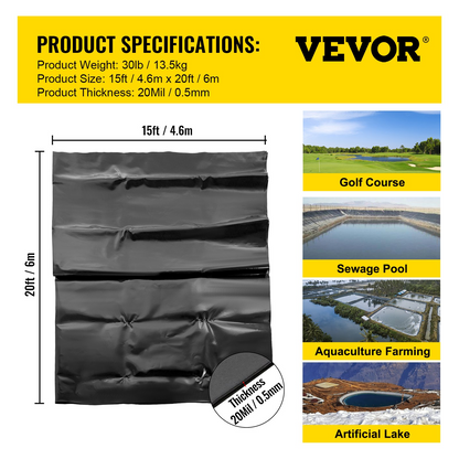 VEVOR LLDPE Pond Liner 15x20 ft, Pond Liner 20 Mil, Fish Pond Liners for Waterfall, Pond and Fish Ponds