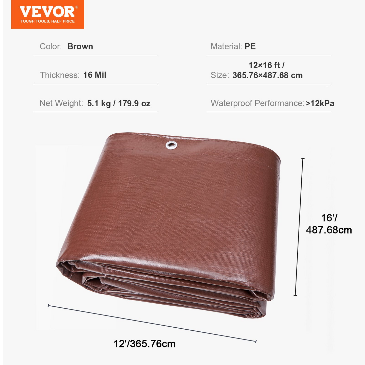 VEVOR Tarp Waterproof 12 x 16 ft 16 Mil Plastic Poly Tear UV Resistant