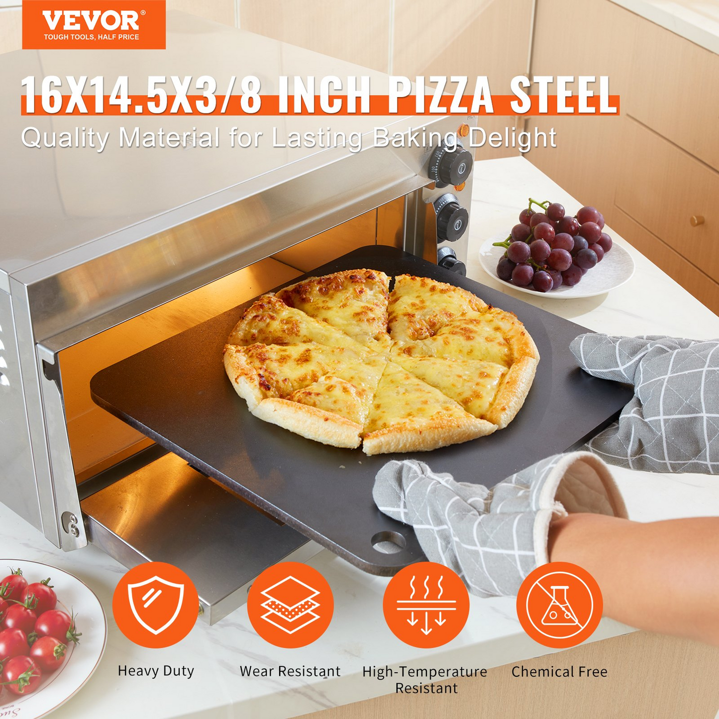 VEVOR Pizza Steel, 16" x 14.5" x 3/8" Pizza Steel Plate for Oven, Pre-Seasoned Carbon Steel Pizza Baking Stone with 20X Higher Conductivity, Heavy Duty Pizza Pan for Outdoor Grill, Indoor Oven