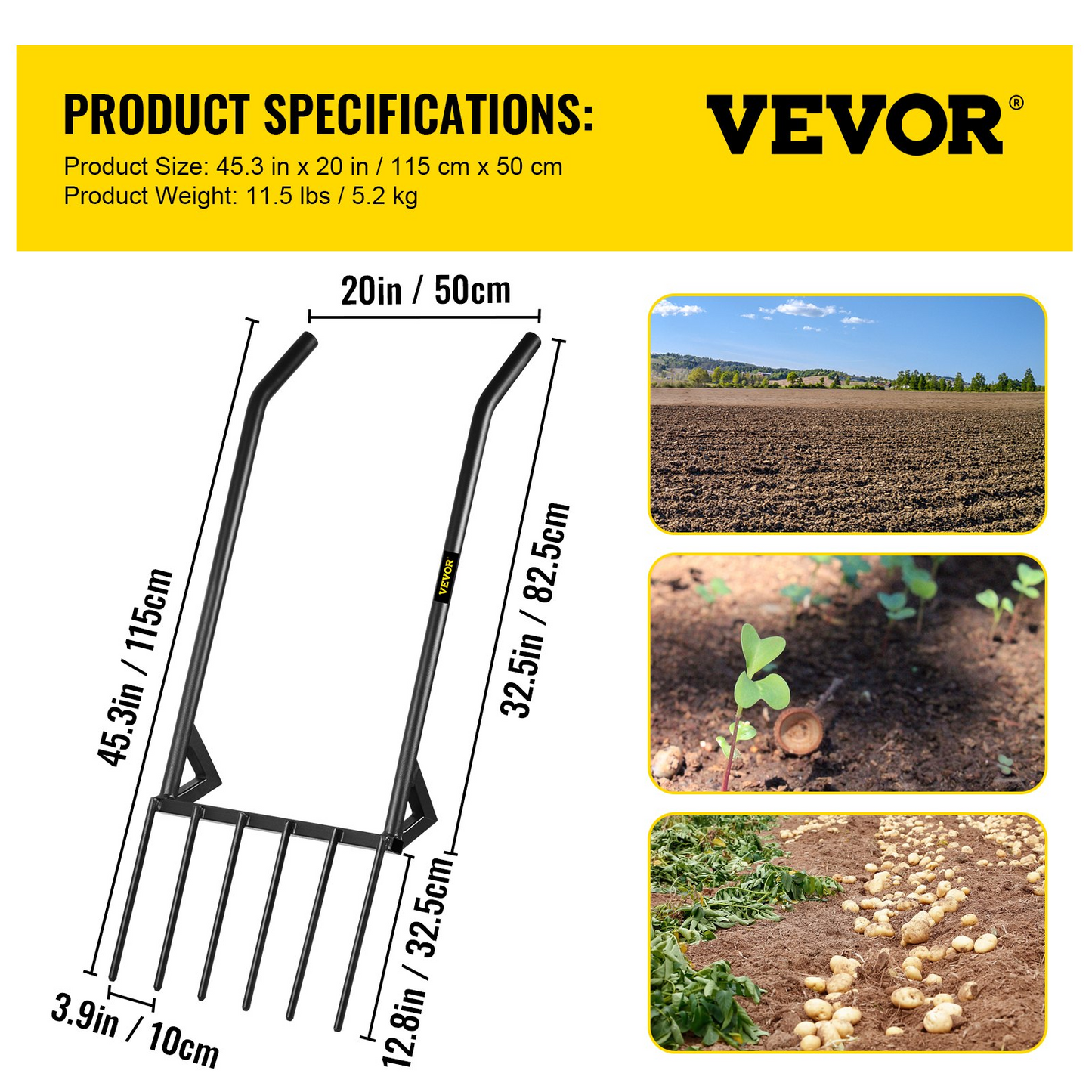 VEVOR Broad Fork Tool, 6 Tines 20 in Wide Hand Tiller Broadfork, U-Shape Garden Tool with Fiberglass Handle for Gardening and Cultivating, Aerate Clay Soil for Farm