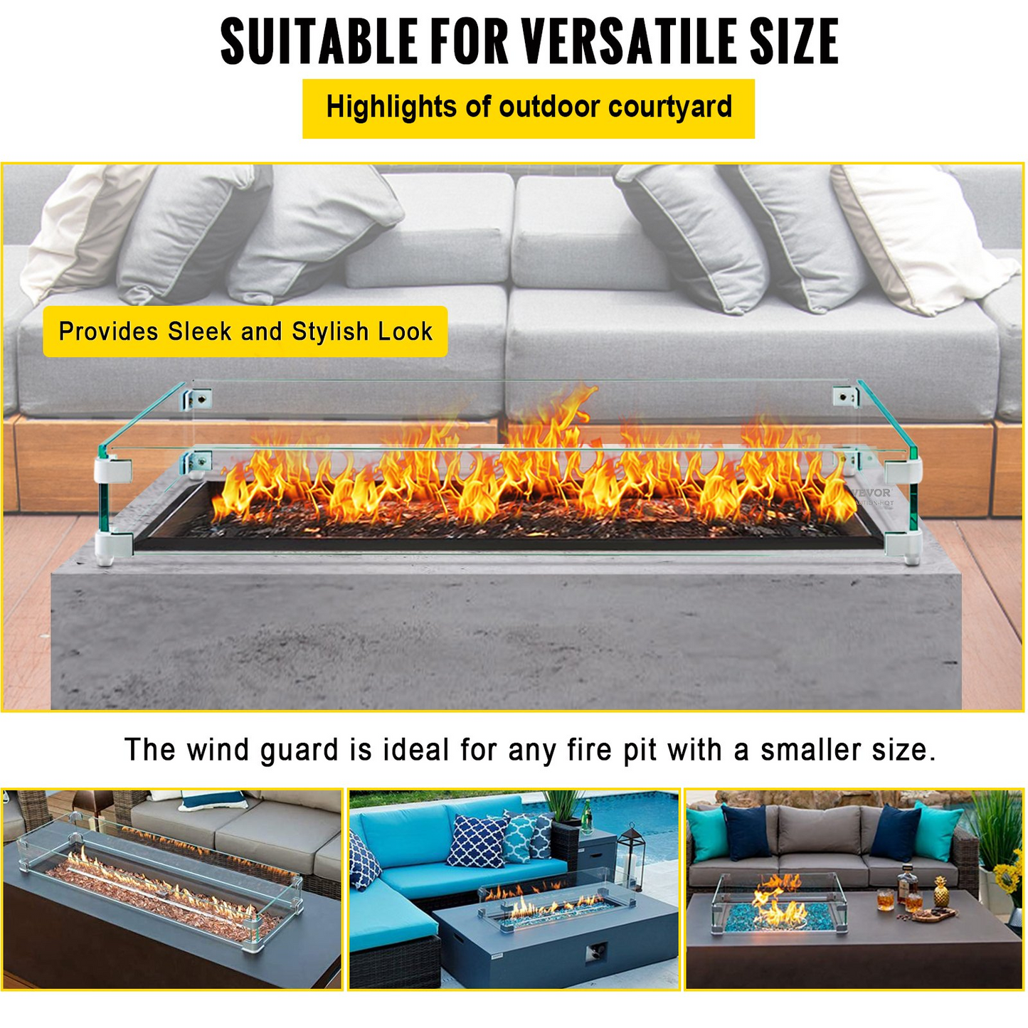 VEVOR Fire Pit Wind Guard, 35.5 x 11.5 x 6 Inch Glass Wind Guard, Rectangular Glass Shield, 0.3" Clear Tempered Glass Flame Guard, Steady Feet Tree Pit Guard for Propane, Gas, Outdoor