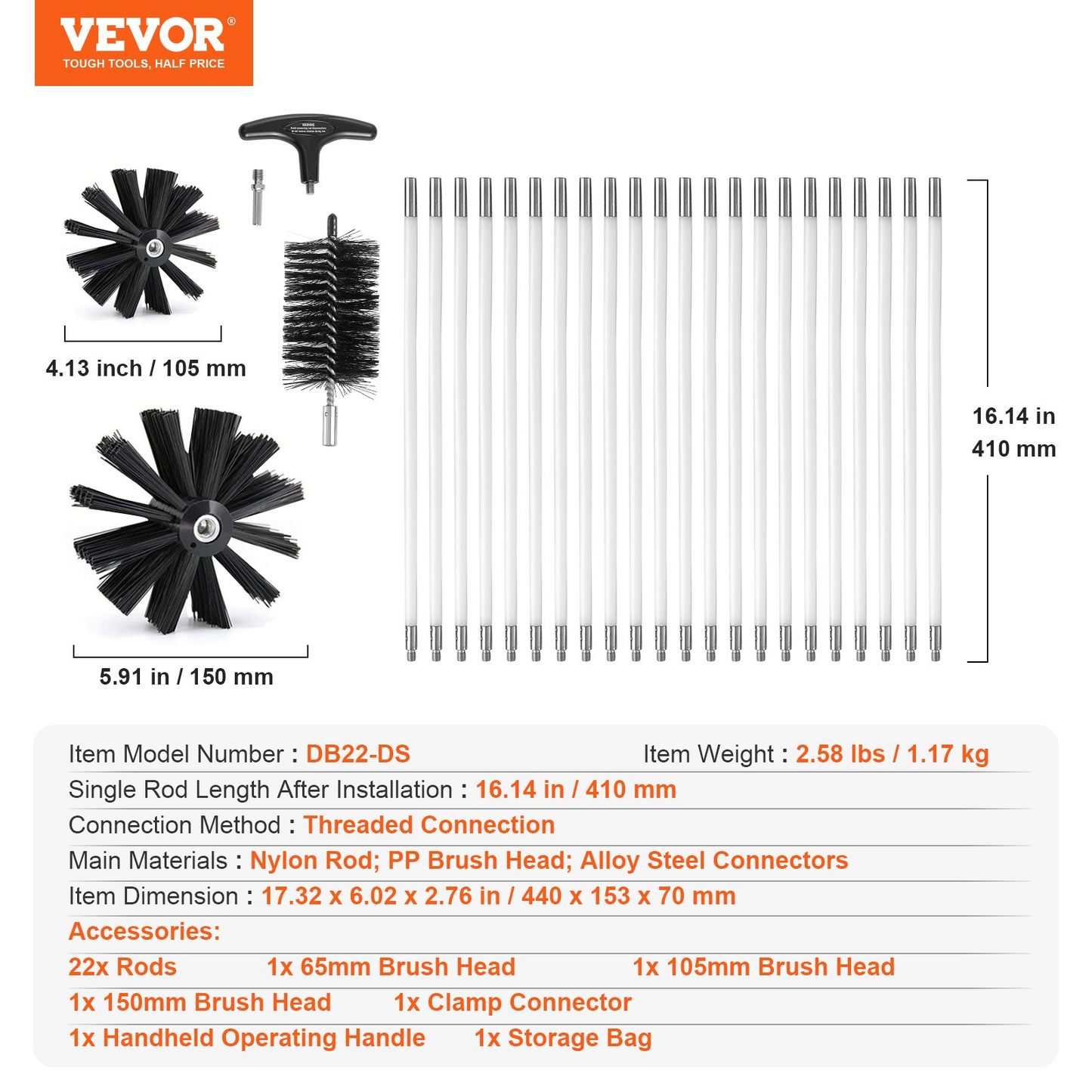 VEVOR 22 Pieces 30 FEET Dryer Vent Cleaner Kit, Include 3 Different Sizes Flexible Lint Trap Brush, Reinforced Nylon Duct Cleaning Dryer Vent Brush, Dryer Cleaning Kit with Clamp Connectors