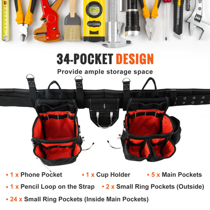 VEVOR Tool Belt with Suspenders, 34 Pockets, 29-54 inches Adjustable Waist Size, Tool Belts for Men, 1250D Nylon Heavy Duty Carpenter Tool Pouch for Carpenters, Electricians, and Gardening, Black