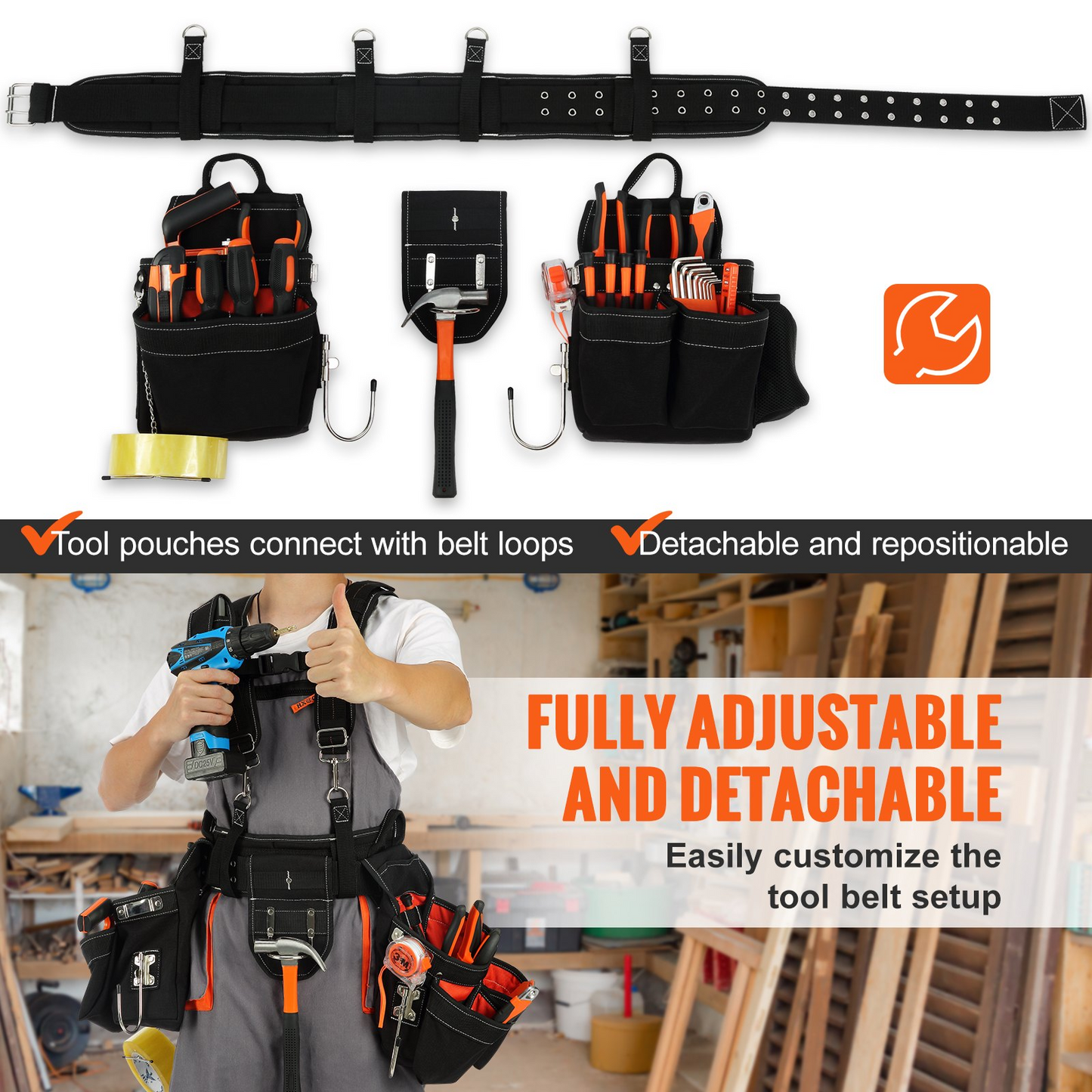 VEVOR Tool Belt with Suspenders, 34 Pockets, 29-54 inches Adjustable Waist Size, Tool Belts for Men, 1250D Nylon Heavy Duty Carpenter Tool Pouch for Carpenters, Electricians, and Gardening, Black