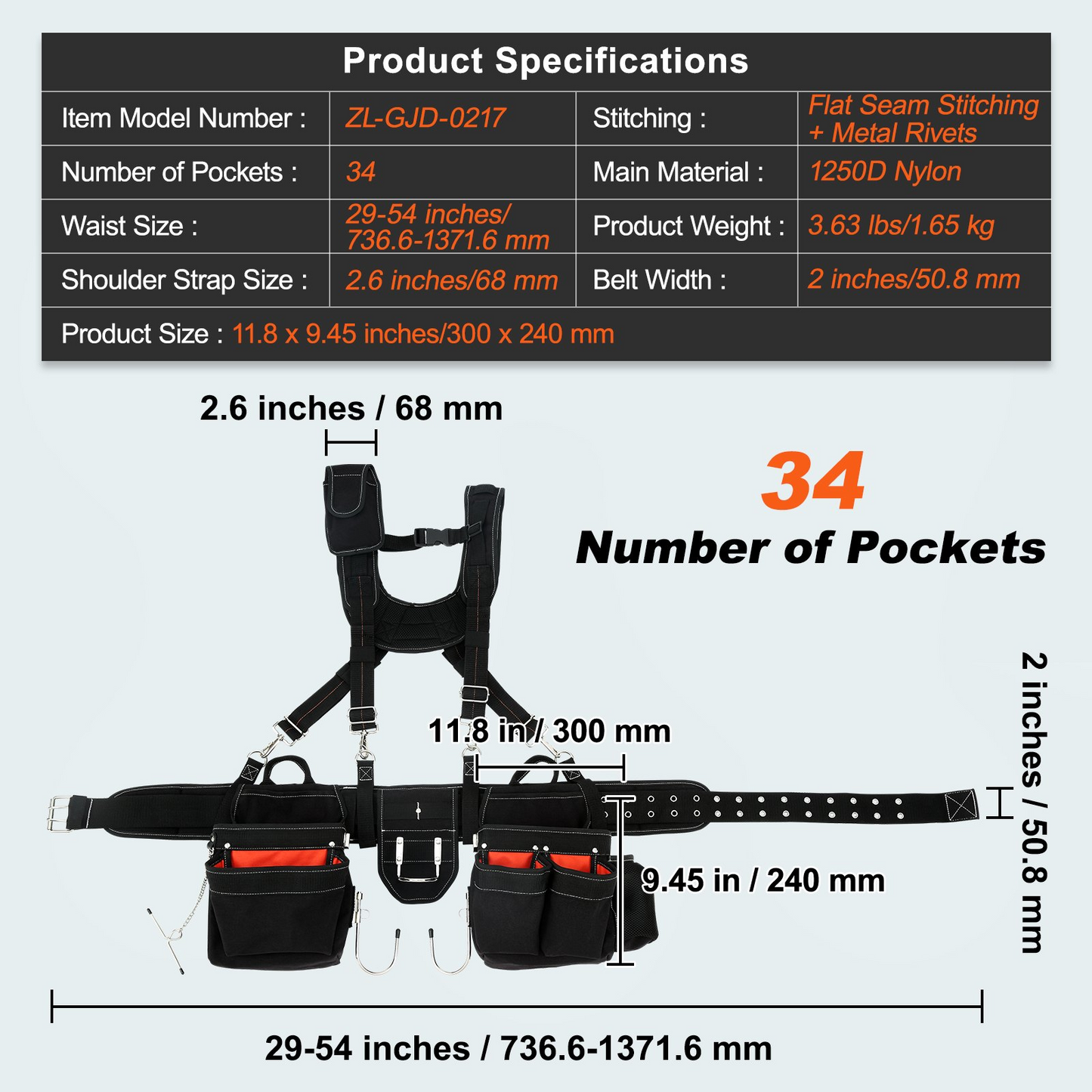 VEVOR Tool Belt with Suspenders, 34 Pockets, 29-54 inches Adjustable Waist Size, Tool Belts for Men, 1250D Nylon Heavy Duty Carpenter Tool Pouch for Carpenters, Electricians, and Gardening, Black