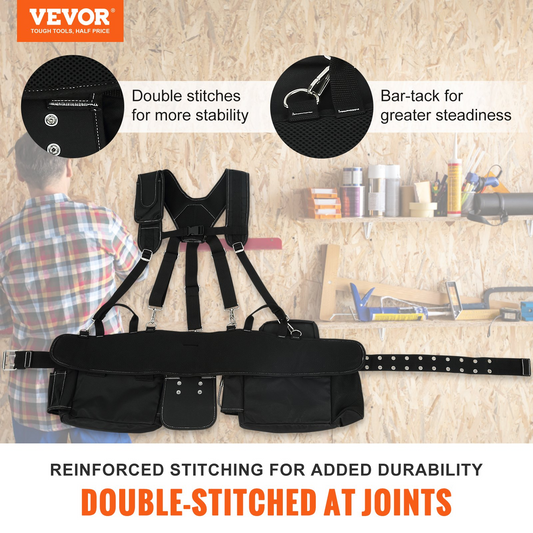 VEVOR Tool Belt with Suspenders, 29 Pockets, 29-54 inches Adjustable Waist Size, Tool Belts for Men, 600D Polyester Heavy Duty Carpenter Tool Pouch for Carpenters, Electricians, and Gardening, Black