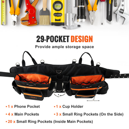 VEVOR Tool Belt with Suspenders, 29 Pockets, 29-54 inches Adjustable Waist Size, Tool Belts for Men, 600D Polyester Heavy Duty Carpenter Tool Pouch for Carpenters, Electricians, and Gardening, Black