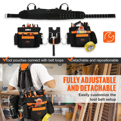 VEVOR Tool Belt with Suspenders, 29 Pockets, 29-54 inches Adjustable Waist Size, Tool Belts for Men, 600D Polyester Heavy Duty Carpenter Tool Pouch for Carpenters, Electricians, and Gardening, Black