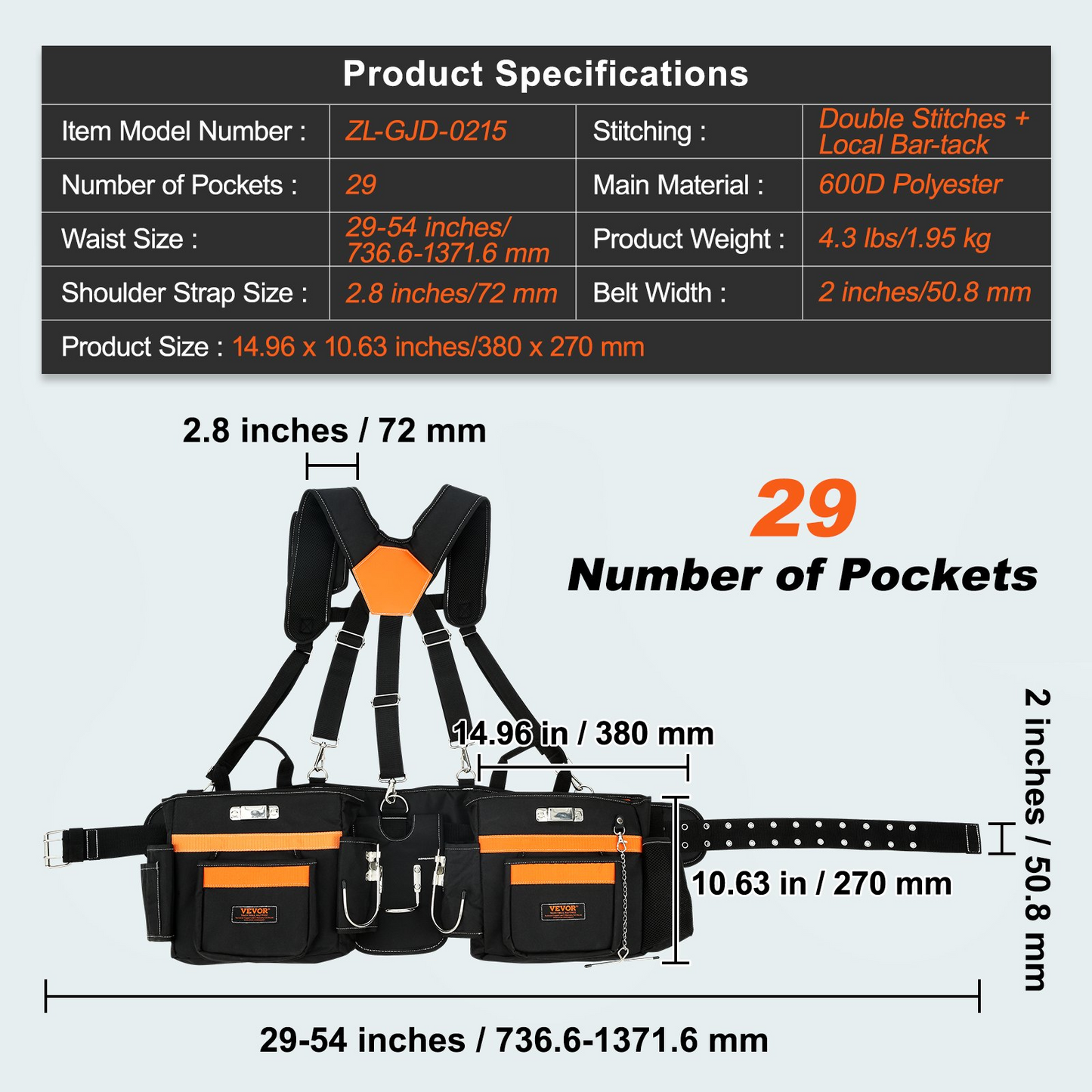 VEVOR Tool Belt with Suspenders, 29 Pockets, 29-54 inches Adjustable Waist Size, Tool Belts for Men, 600D Polyester Heavy Duty Carpenter Tool Pouch for Carpenters, Electricians, and Gardening, Black