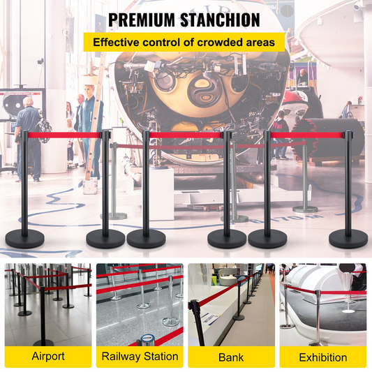 VEVOR Crowd Control Stanchion, Set of 6 Pieces Stanchion Set, Stanchion Set w/ 6.6 ft/2 m Red Retractable Belt, Crowd Control Barrier w/Rubber Base – Easy Connect Assembly for Crowd Control (Black)