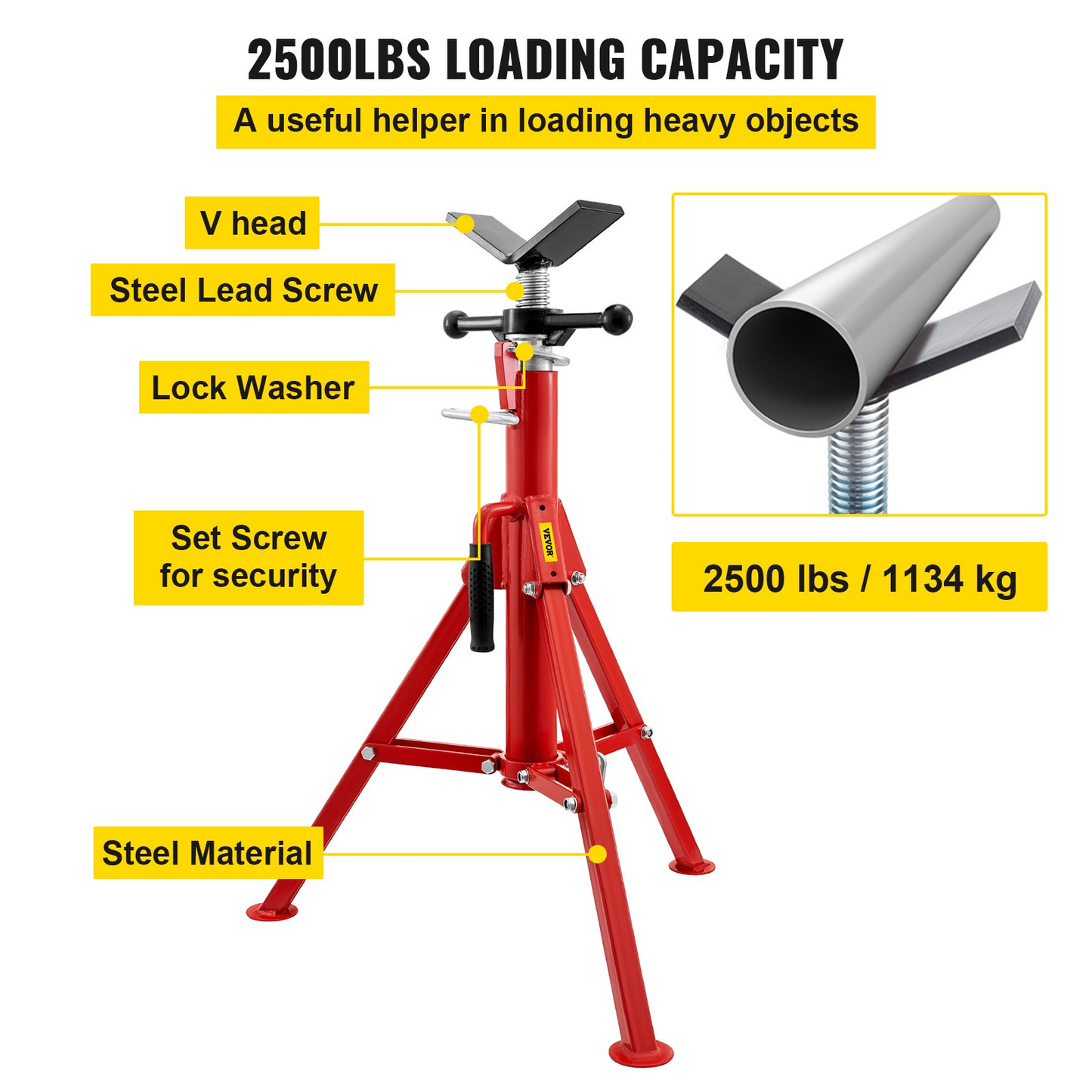 VEVOR V Head Pipe Stand 1/8"-12" Capacity, Adjustable Height 24"-42", Pipe Jack Stands 2500 lb. Load Capacity, Portable Folding Pipe Stands, Carbon Steel Body More Durable