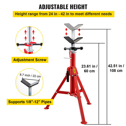 VEVOR V Head Pipe Stand 1/8"-12" Capacity, Adjustable Height 24"-42", Pipe Jack Stands 2500 lb. Load Capacity, Portable Folding Pipe Stands, Carbon Steel Body More Durable