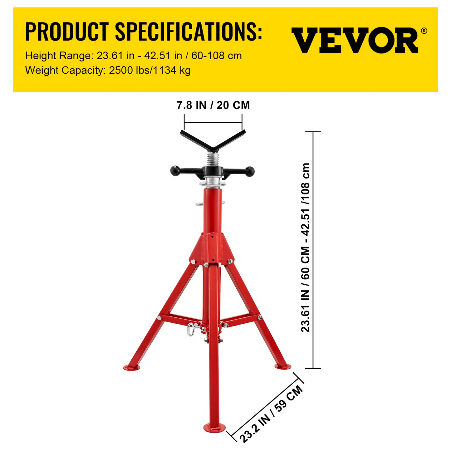 VEVOR V Head Pipe Stand 1/8"-12" Capacity, Adjustable Height 24"-42", Pipe Jack Stands 2500 lb. Load Capacity, Portable Folding Pipe Stands, Carbon Steel Body More Durable