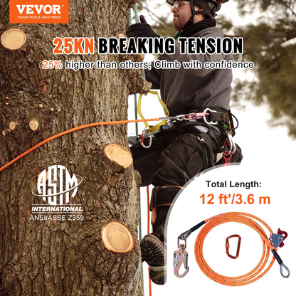 VEVOR Steel Core flipline, 1/2" x 12' Arborist Flipline, Flip Line for Tree Climbing with Alloy Steel Snap Hook, Aluminum Alloy Carabiner and Extra Tool Lanyard, for Arborist, Tree Climbers