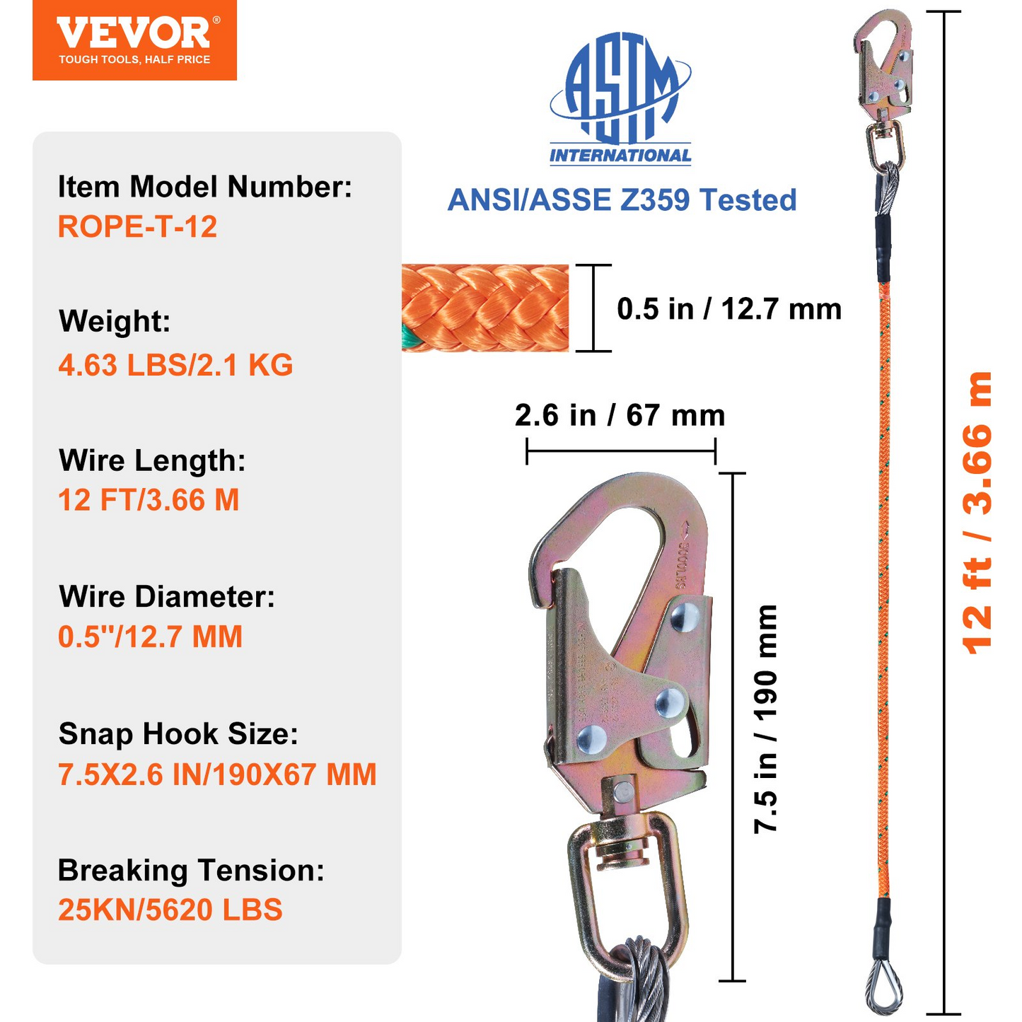 VEVOR Steel Core flipline, 1/2" x 12' Arborist Flipline, Flip Line for Tree Climbing with Alloy Steel Snap Hook, Aluminum Alloy Carabiner and Extra Tool Lanyard, for Arborist, Tree Climbers