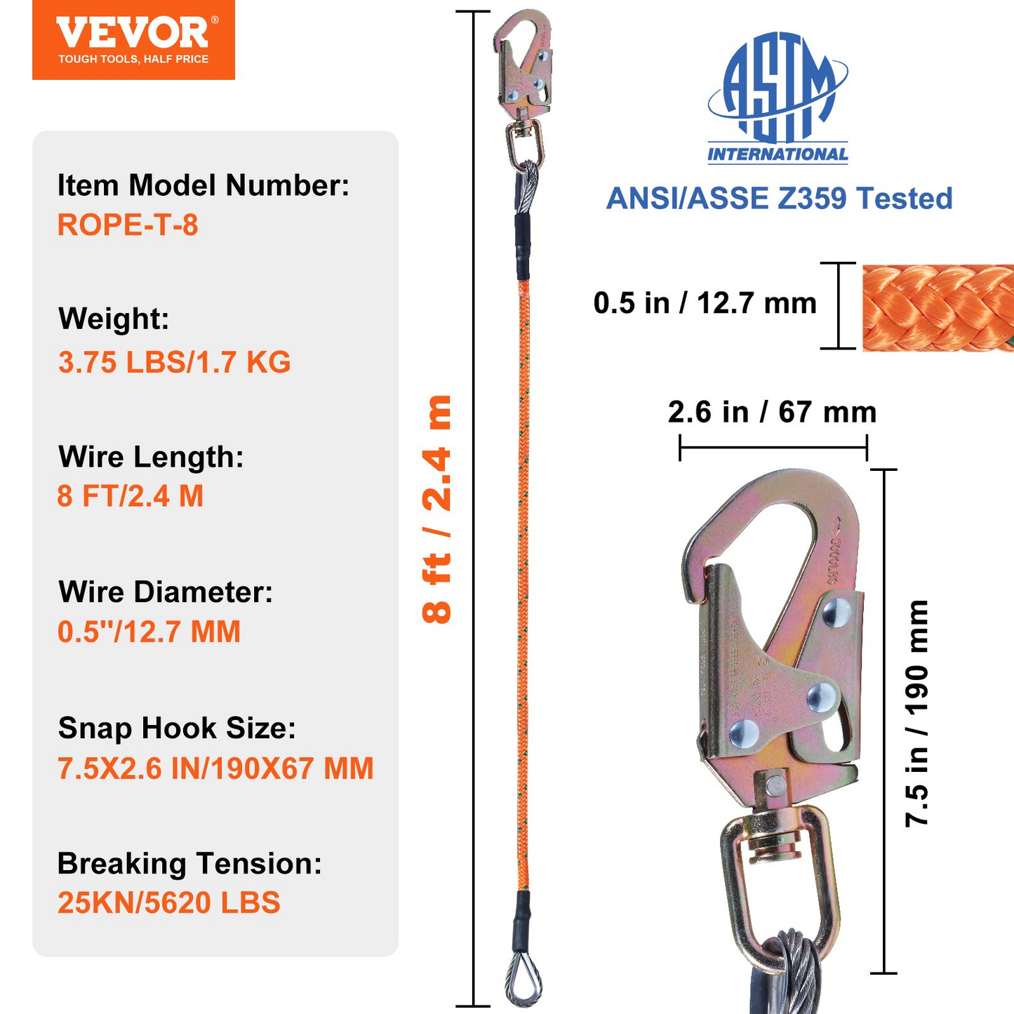 VEVOR Steel Core flipline, 1/2" x 8' Arborist Flipline, Flip Line for Tree Climbing with Alloy Steel Snap Hook, Aluminum Alloy Carabiner and Extra Tool Lanyard, for Arborist, Tree Climbers