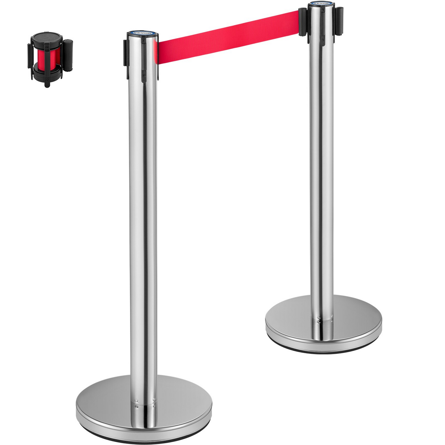 VEVOR Crowd Control Stanchion, Set of 6 Pieces Stanchion Set, Stanchion Set w/ 6.6 ft/2 m Red Retractable Belt, Crowd Control Barrier w/Rubber Base – Easy Connect Assembly for Crowd Control (Silver)