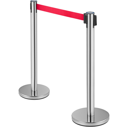 VEVOR Crowd Control Stanchion, Set of 6 Pieces Stanchion Set, Stanchion Set w/ 6.6 ft/2 m Red Retractable Belt, Crowd Control Barrier w/Rubber Base – Easy Connect Assembly for Crowd Control (Silver)