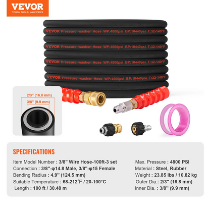 VEVOR Pressure Washer Hose, 100FT, Kink Free 3/8"-φ14.8 Male, 3/8"-φ15 Female For Most Brand Pressure Washers, 4.9'' Bending Radius, 4800 PSI Heavy Duty Power Washer Extension Replacement Hose