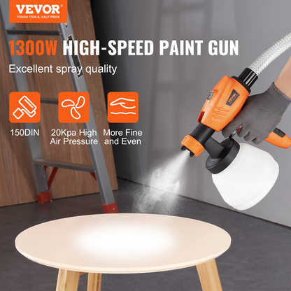 VEVOR Paint Sprayer, 1300W Electric Spray Paint Gun with Air Hose, 1300ml and 800 ml Containers, 5 Copper Nozzles, 150 Din HVLP Spray Gun for House Painting Home Interior and Exterior Walls, Fence