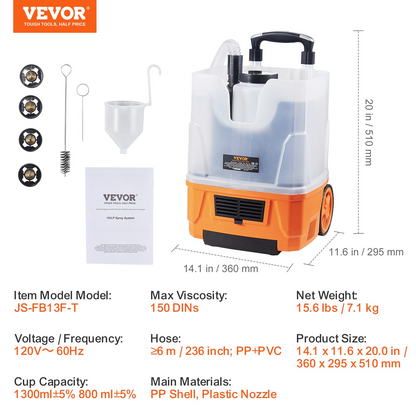 VEVOR Paint Sprayer, 1300W Electric Spray Paint Gun with Air Hose, 1300ml and 800 ml Containers, 5 Copper Nozzles, 150 Din HVLP Spray Gun for House Painting Home Interior and Exterior Walls, Fence