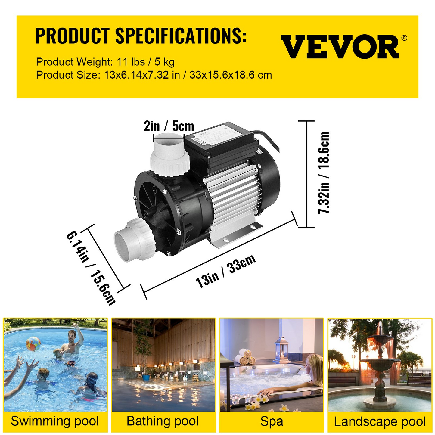 VEVOR Swimming 1/2 HP 110V Hot Tub 0.37 Kw Water Circulation Spa Pump Above Ground Pool and Whirlpool Bath, Black