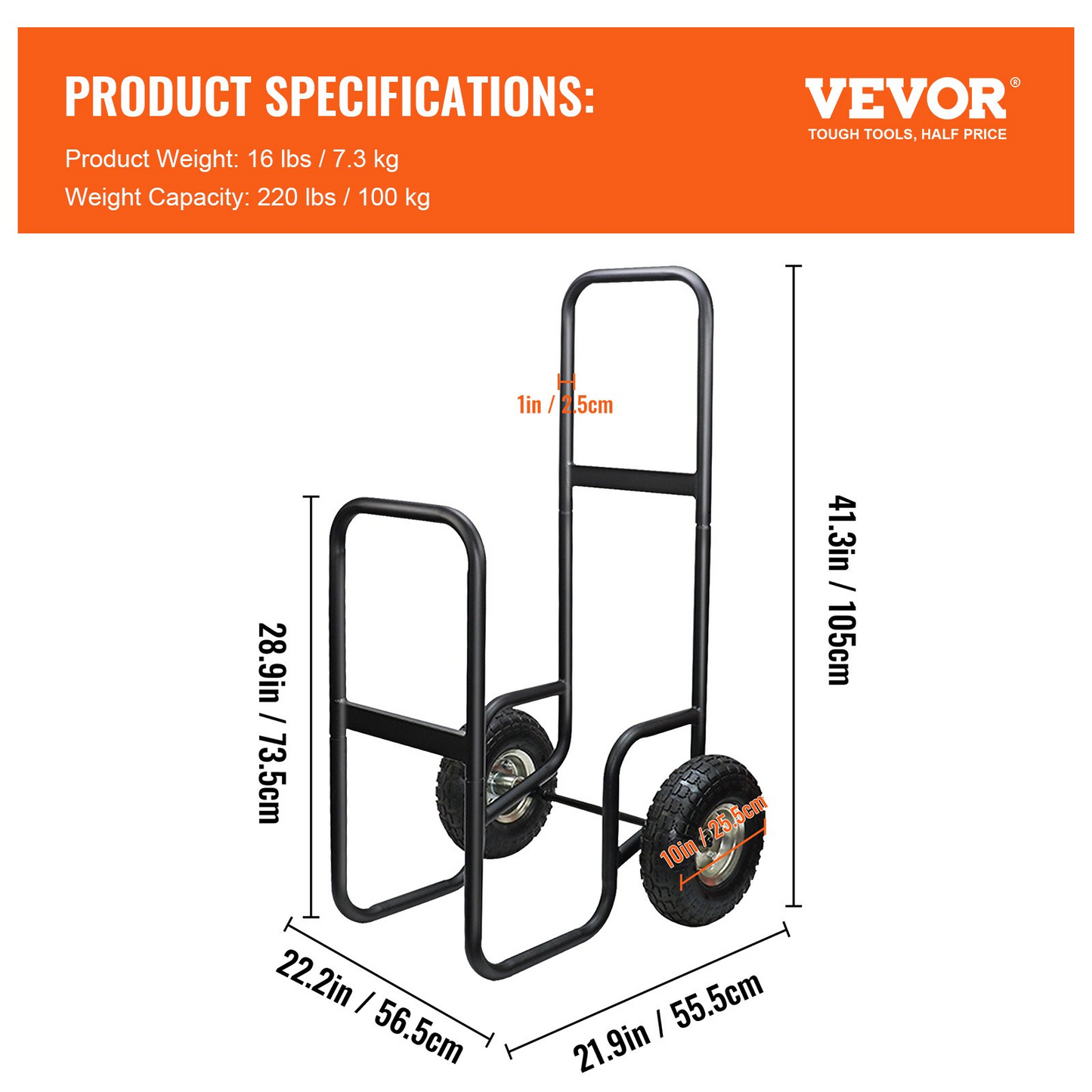 VEVOR Firewood Cart, 220 lbs Weight Capacity, Wood Carrier with Wheels, Binding Rope and Water-proof Tarp, Utility Log Rack for Storage or Move, Dolly Hauler for Indoor and Outdoor Fireplace, Black