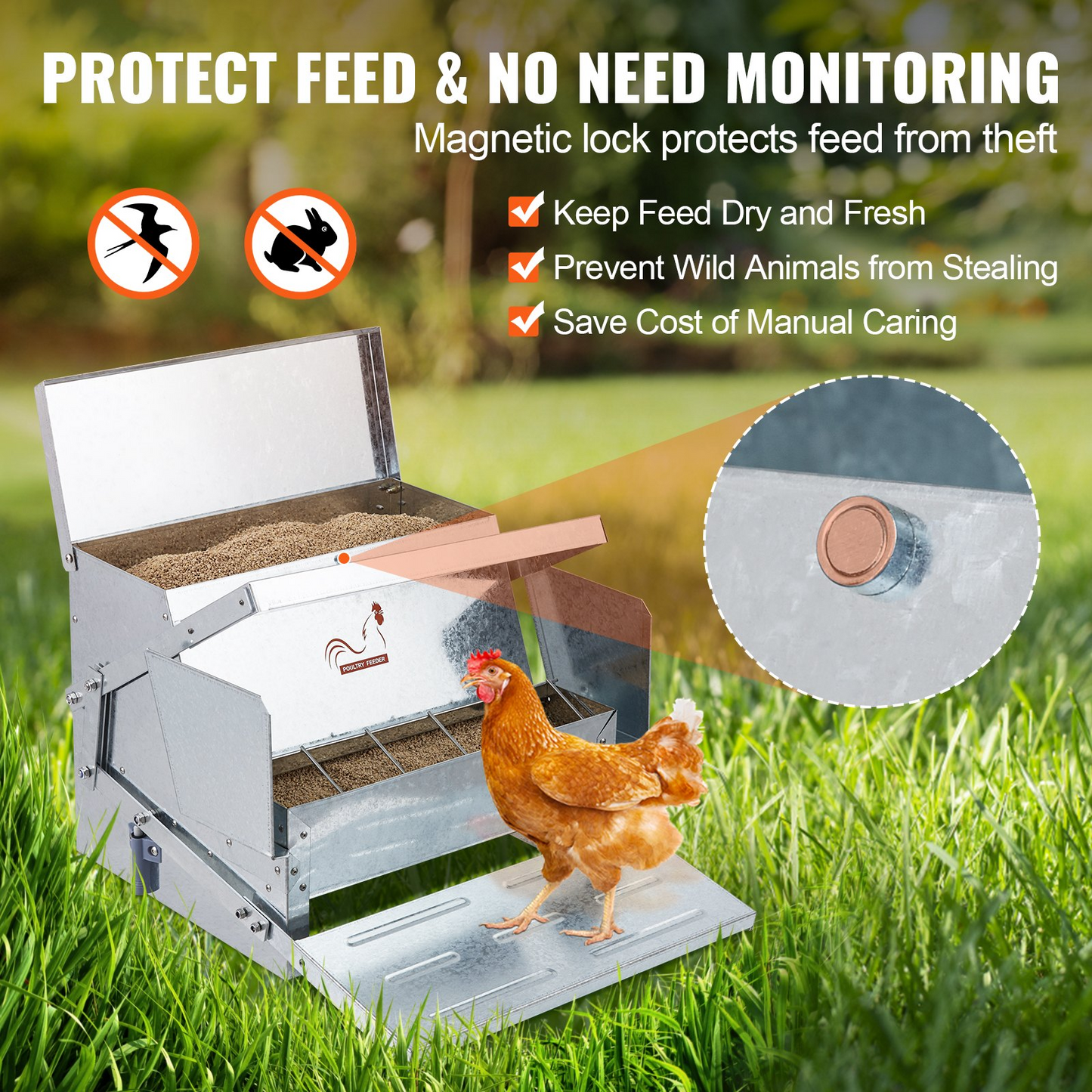 VEVOR Automatic Chicken Feeder, 25 lbs Capacity Feeds 10 Chickens up to 11 Days, Galvanized Steel Poultry Feeder