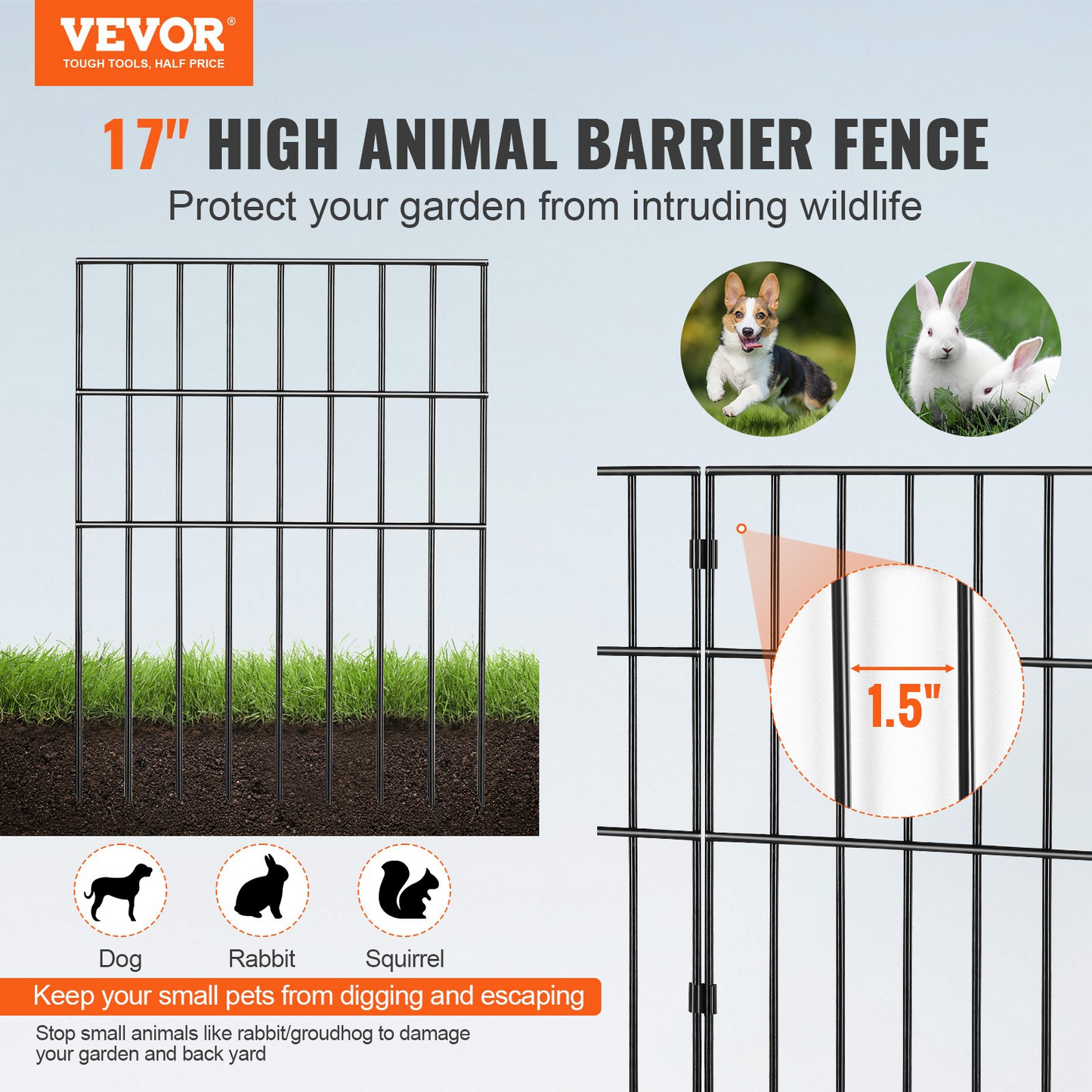 VEVOR Animal Barrier Fence 10 Pack, No Dig Fence 17in(H) x11ft(L), Underground Decorative Garden Fencing with 1.5 Inch Spike Spacing, Metal Dog Fence for The Yard and Outdoor Patio