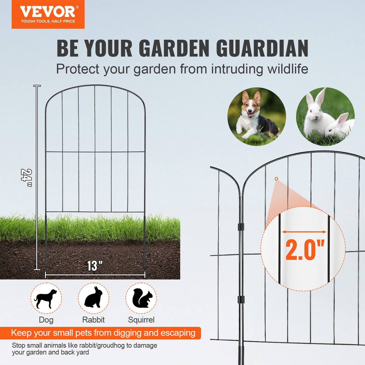 VEVOR Garden Fence, No Dig Fence 24in(H) x11ft(L) Animal Barrier Fence, Underground Decorative Garden Fencing with 2 Inch Spike Spacing, Metal Dog Fence for The Yard and Outdoor Patio, 10 Pack