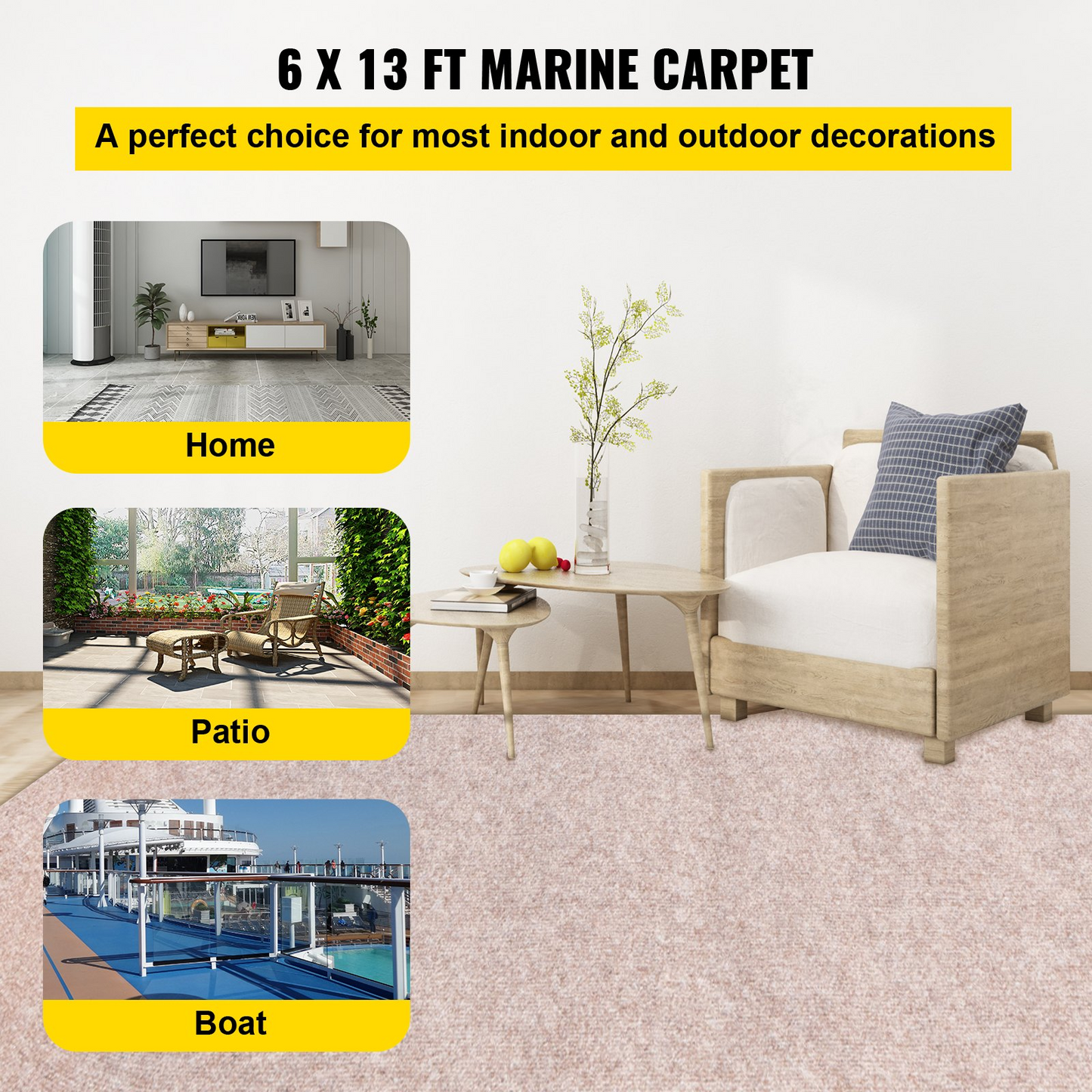 VEVOR Boat Carpet, 6 ft x 13.1 ft Marine Carpet for Boats, Waterproof Light Brown Carpet with Marine Backing Anti-Slide Marine Grade Boat Carpet Cuttable Easy to Clean Patio Rugs Deck Rug